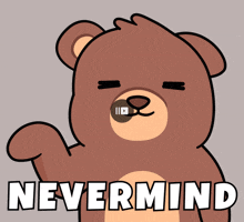 a cartoon teddy bear says nevermind on a gray background