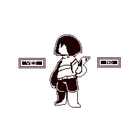 a pixel art of a girl with red eyes holding a gun and a backpack .