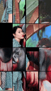 a woman in a green polka dot dress is surrounded by paintings of animals