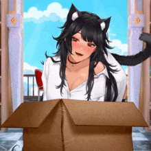 a girl with cat ears is sitting in a box
