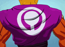 a cartoon character is wearing a purple shirt with a white circle on the back