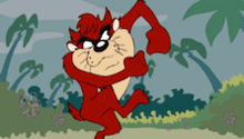 a cartoon of taz the devil standing in a field with palm trees in the background