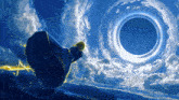 a woman in a blue dress is standing in front of a large black hole in the sky