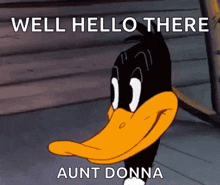 daffy duck is smiling and says well hello there aunt donna