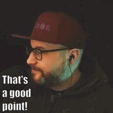 a man wearing glasses and a hat is pointing up with the words that 's a good point below him