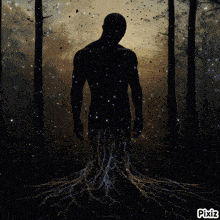 a silhouette of a man standing in a dark forest with roots coming out of his body