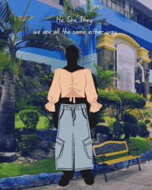 a drawing of a man standing in front of a building with the words " he she they "