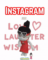 a cartoon girl is standing in front of a sign that says instagram love laughter and wisdom