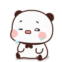 a cartoon panda bear is crying while sitting down .