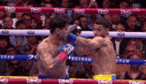 two boxers are fighting in a ring with ring written on the ropes