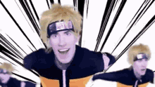 a man in a naruto costume is flying through the air with a headband on his head .