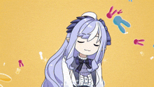 a cartoon of a girl with purple hair and a bow on her head