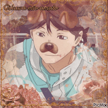 a picture of a man with a dog 's nose and the words oikawa mio amato on the bottom