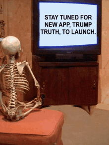 a skeleton sits in front of a sony television with a message that says stay tuned for new app trump truth to launch
