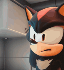 a close up of shadow the hedgehog 's face with a serious look on his face