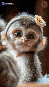 a baby monkey wearing a headband with a flower in it