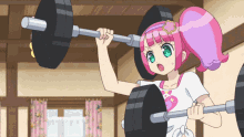 a girl with pink hair is holding a barbell