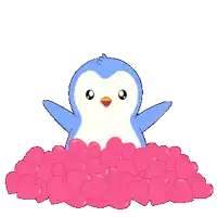 a blue and white penguin is surrounded by pink hearts on a white background