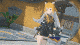 a girl with a fox tail is standing in front of a building with the number 88 on it