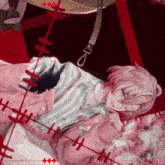 a drawing of a girl with a striped shirt and a pink jacket laying on a bed
