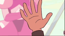a cartoon hand is reaching out towards another hand .