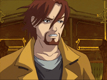 a cartoon of a man with a beard and a yellow jacket