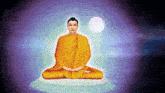 a painting of a buddha sitting on a floating island