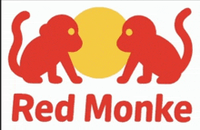 a red monke logo with two red monkeys and a yellow sun in the background