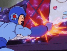 a cartoon character in a blue suit is fighting a robot with lightning coming out of his hands .