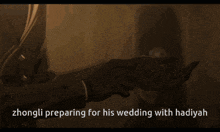 zhongli preparing for his wedding with hadiyah is shown in an anime