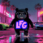 a cartoon bear wearing sunglasses and a shirt that says lfg