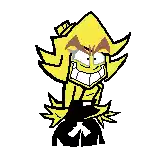a pixel art drawing of a yellow cartoon character with a big smile and a hat .