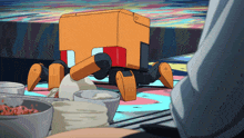 a cartoon drawing of a robot standing on a table with bowls of food