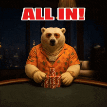 a bear with a necklace that says rudy is holding a pile of poker chips
