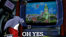 a shark is watching a cartoon on a television with the words oh yes written on the bottom
