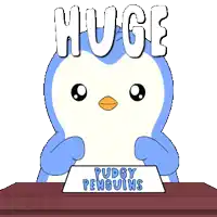 a cartoon of a penguin sitting at a table with huge puddy penguins written on it