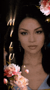 a woman is surrounded by pink flowers and the word milu is written above her