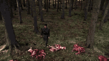 a man standing in the middle of a pile of dead animals