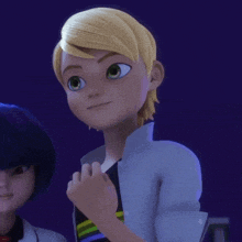 a cartoon boy with blonde hair and green eyes is standing next to a girl with blue hair .