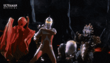 a group of cartoon characters are standing next to each other in a dark room with the word ultraman on the bottom .