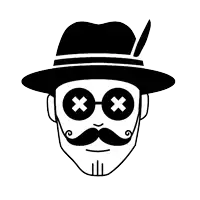 a black and white drawing of a man wearing a hat and glasses with a mustache