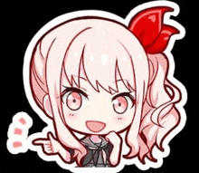 a cute anime girl with pink hair and a red bow on her head is pointing at something .