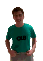 a man is wearing a green shirt with the word olb on it