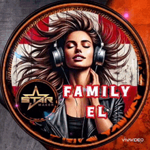 a picture of a woman wearing headphones with the name family el on the bottom
