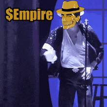 a cartoon of a man with a skull on his head and the word empire above him