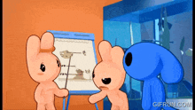 three cartoon rabbits are standing around a whiteboard with gifrun.com written on the bottom