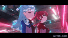 two anime girls are standing next to each other with gifrun.com at the bottom of the image
