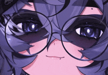 a close up of a person wearing glasses and a skull on their head
