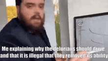 a man is explaining why the delorians should drive and that it is illegal that they removed their ability