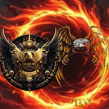 a logo for amb shows an eagle and a circle of flames
